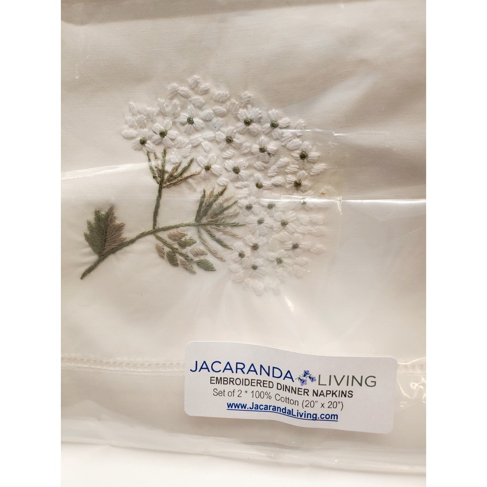 NIP Jacaranda Living Hand Embroidered White Hydrangea Cotton Napkins, Set of 2